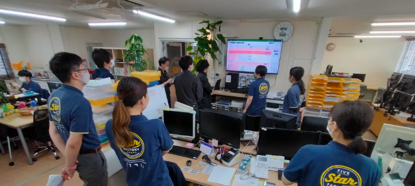 現場の朝礼で画面を確認する様子