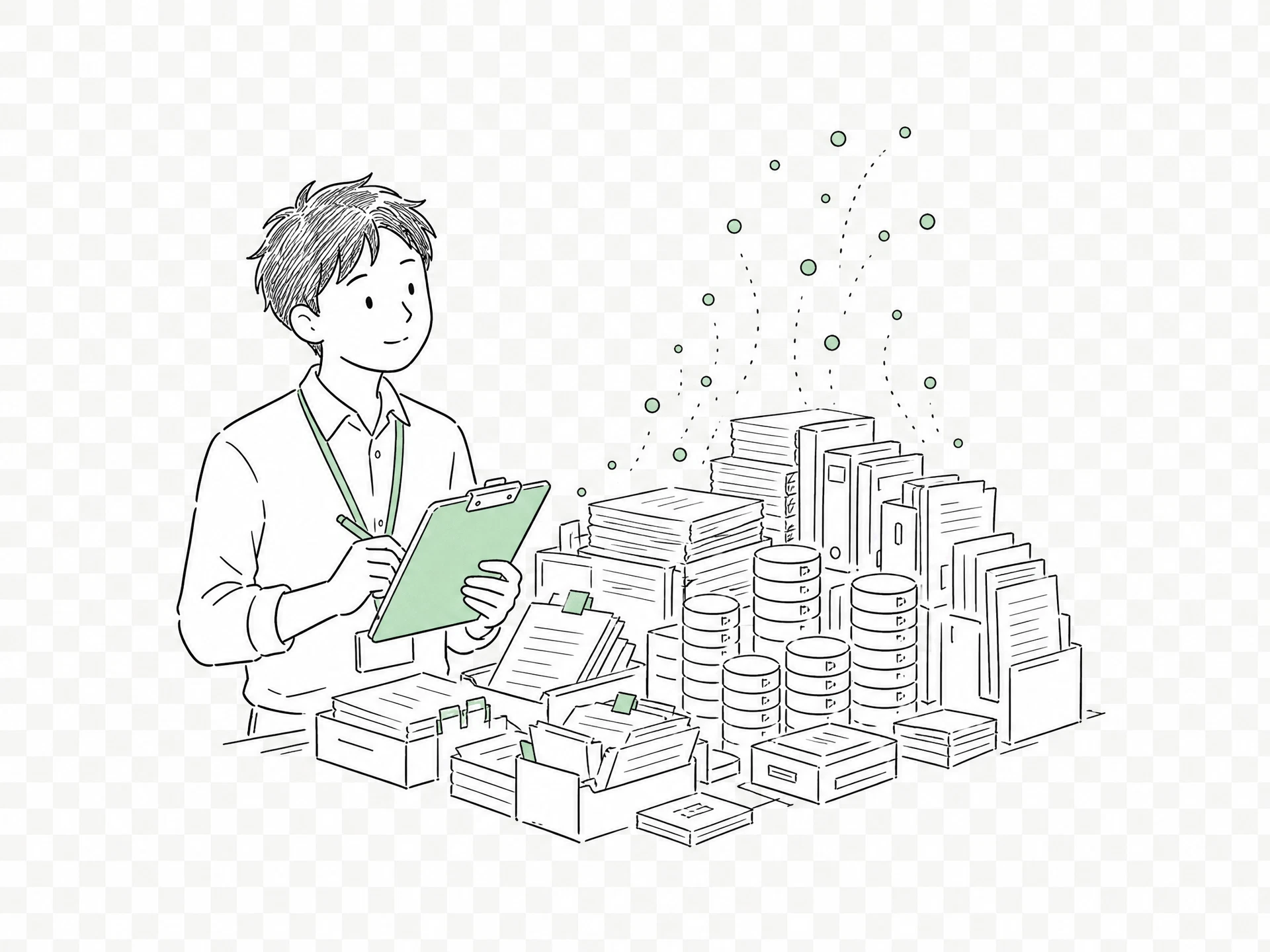 工場の業務データを整理する担当者を表した手描き線画