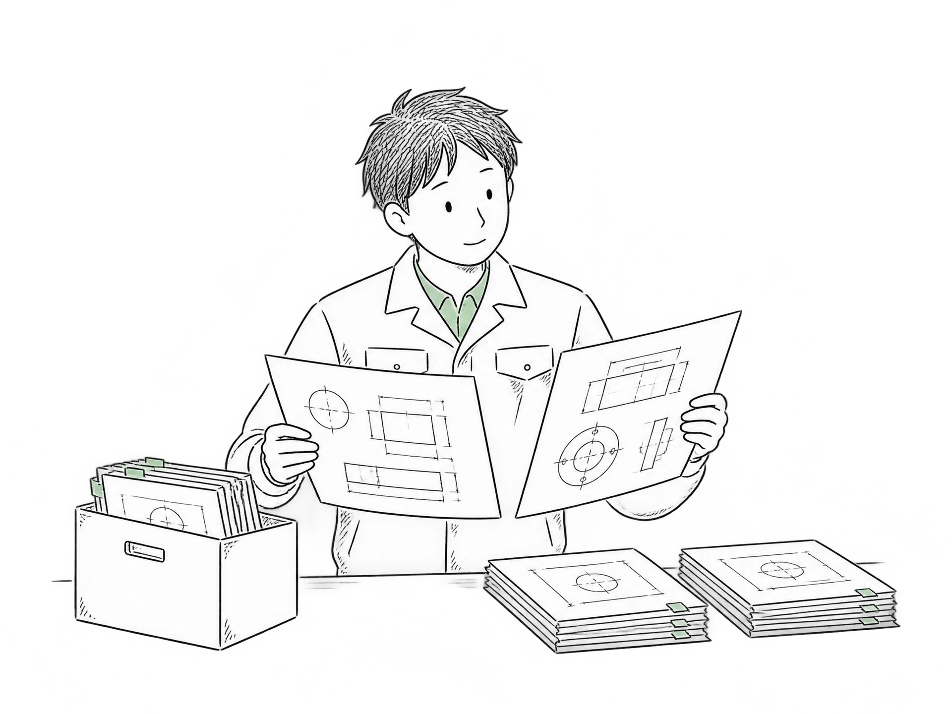 図面を並べて案件情報と見比べる製造現場の担当者を表した手描き線画