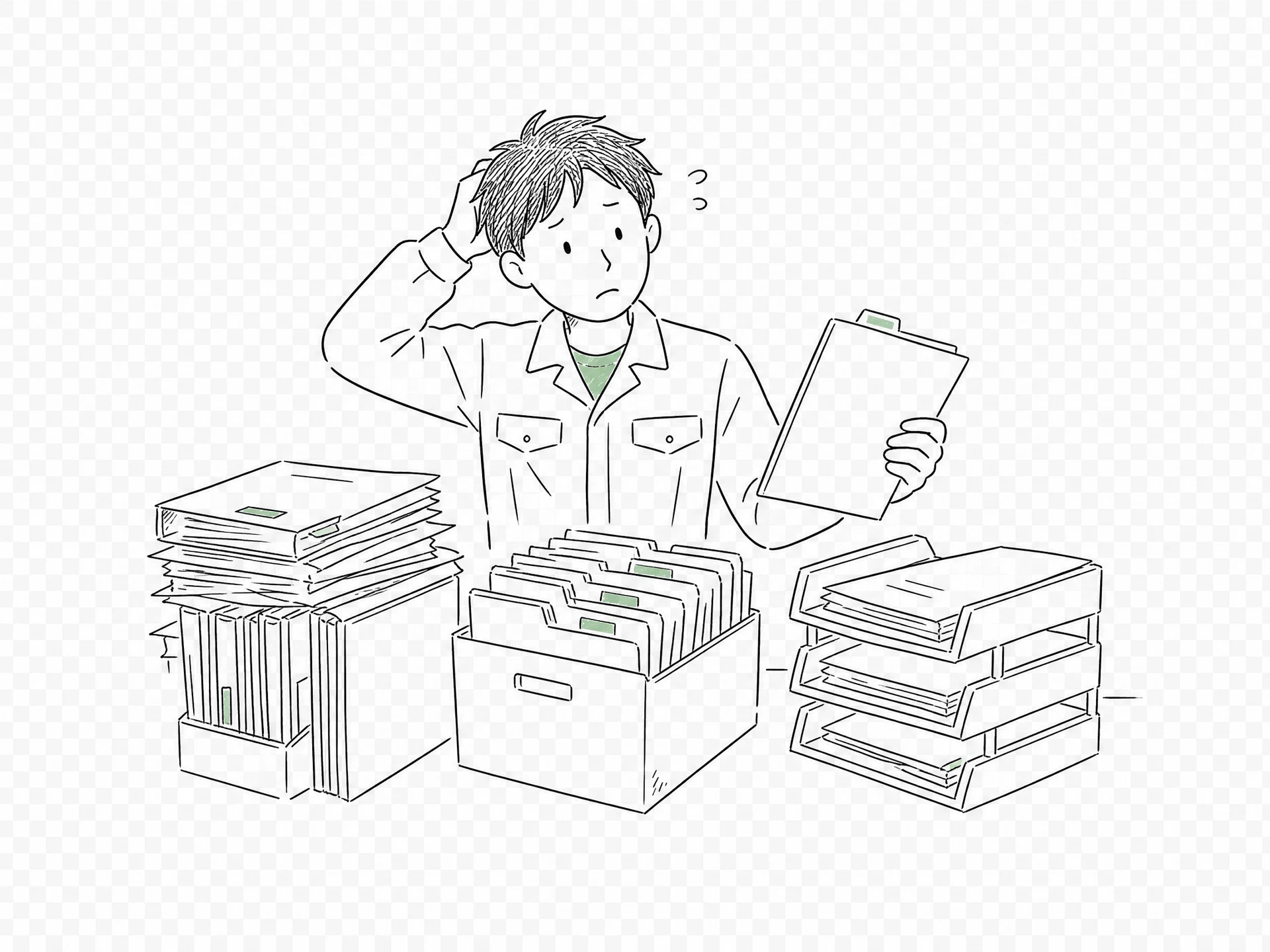 フォルダの中から図面を探す製造現場の担当者を表した手描き線画