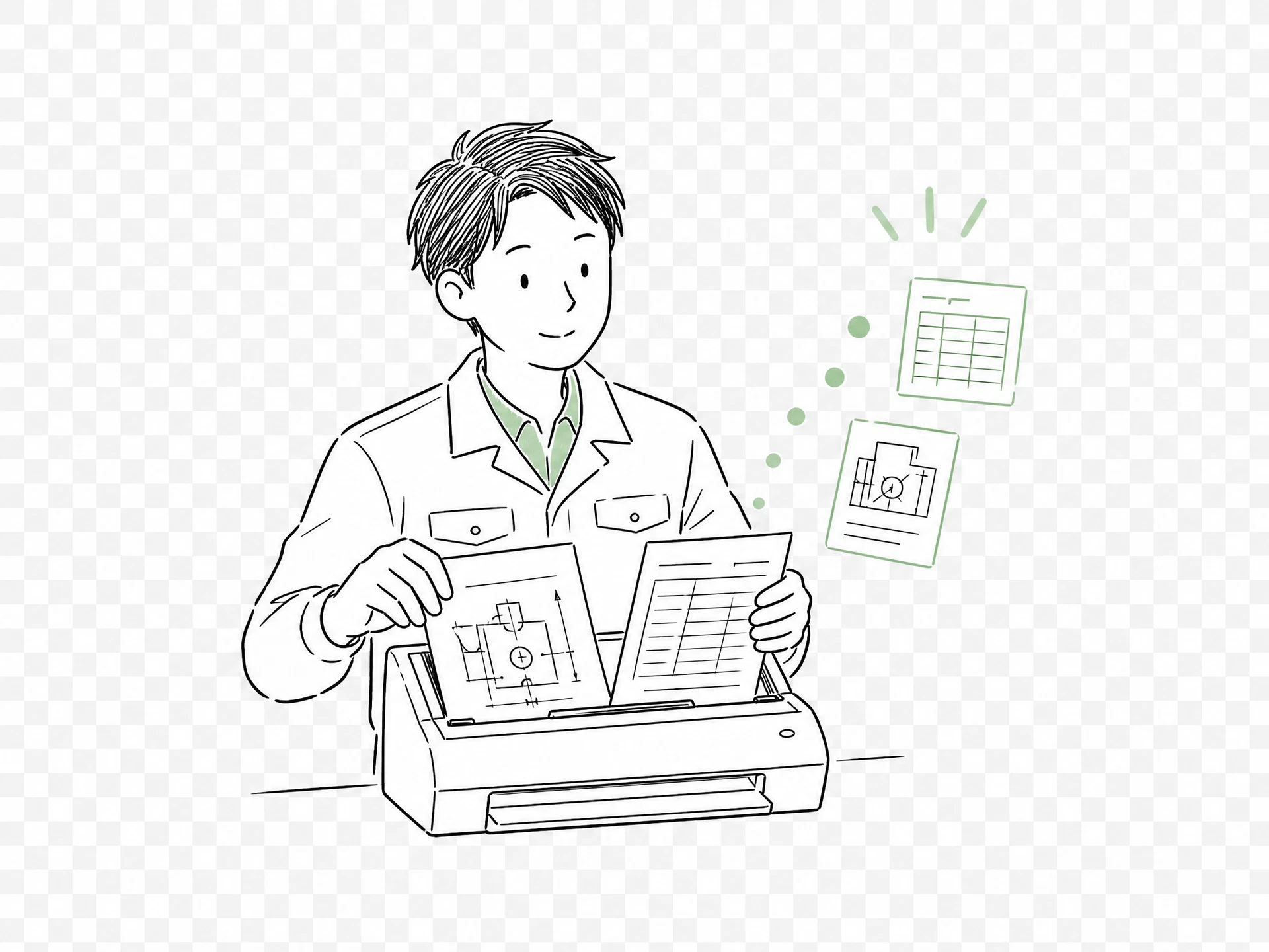 図面と注文書をOCRで読み取る担当者を表した手描き線画