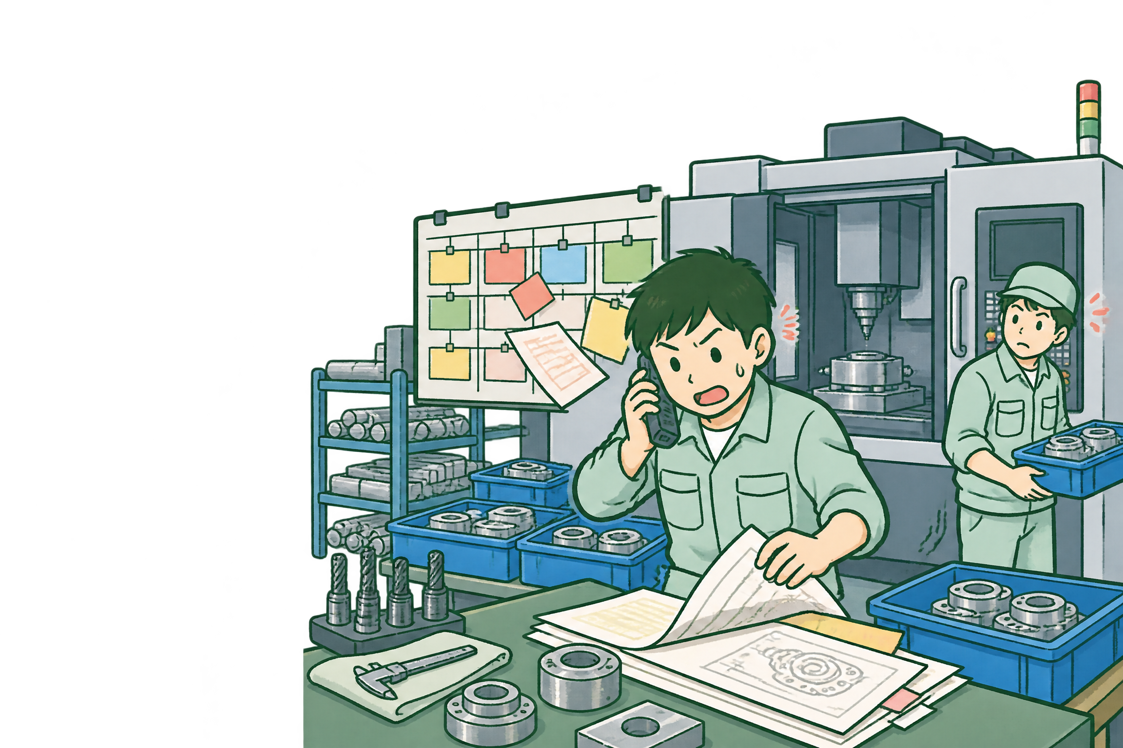 問い合わせに対応しながら、加工の進捗や工程情報を確認する製造現場の担当者を描いたイラスト